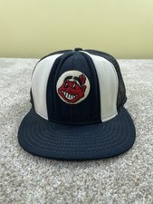 VTG AJD Hat Adult Black Indians Chief Wahoo Snapback Mesh 1980s - Made in USA