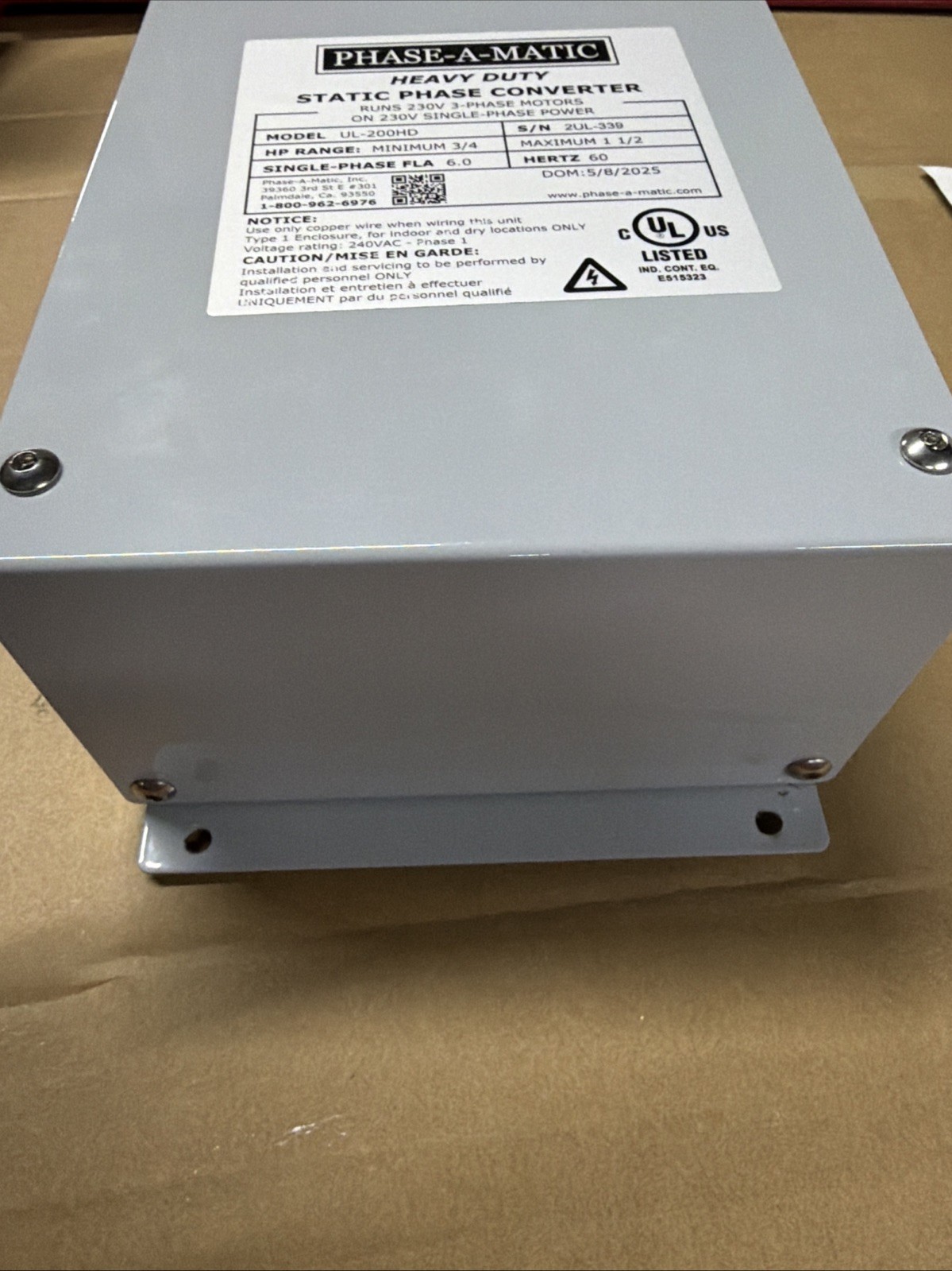 PHASE-A-MATIC UL-200HD Phase Converter,3/4 to 1 1/2 HP OP 787PK1