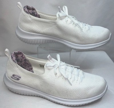 SKECHERS Stretch Fit Women Size 10 Memory Foam Ivory Knit Sneakers Slip on Shoes