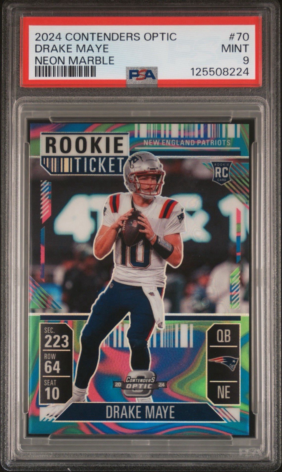 2024 Panini Contenders Optic Drake Maye Rookie Ticket Neon Marble Prizm /4 #70