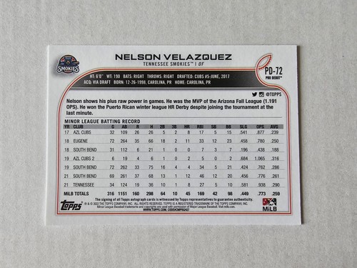 NELSON VELAZQUEZ Smokies Auto 2022 Topps MiLB Pro Debut Baseball - Picture 2 of 2