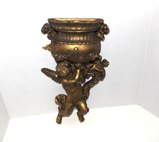 1970s Hollywood Regency 14 ½” Angel Cherub Gold Painted Wall Pocket Planter