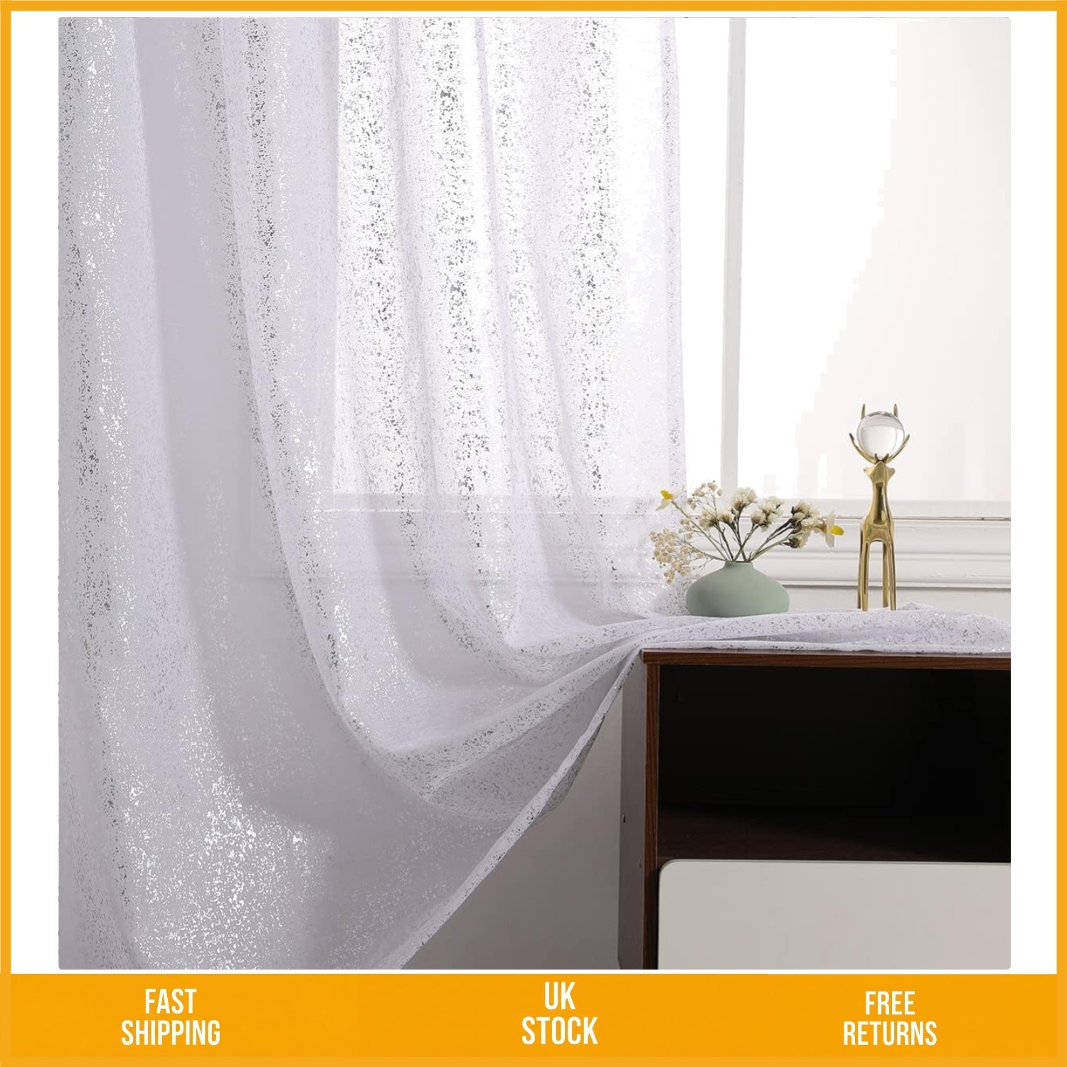 Elegant Glitter White Sheer Sparkle Curtains Silver Foil Voile 52x84 2 Panels