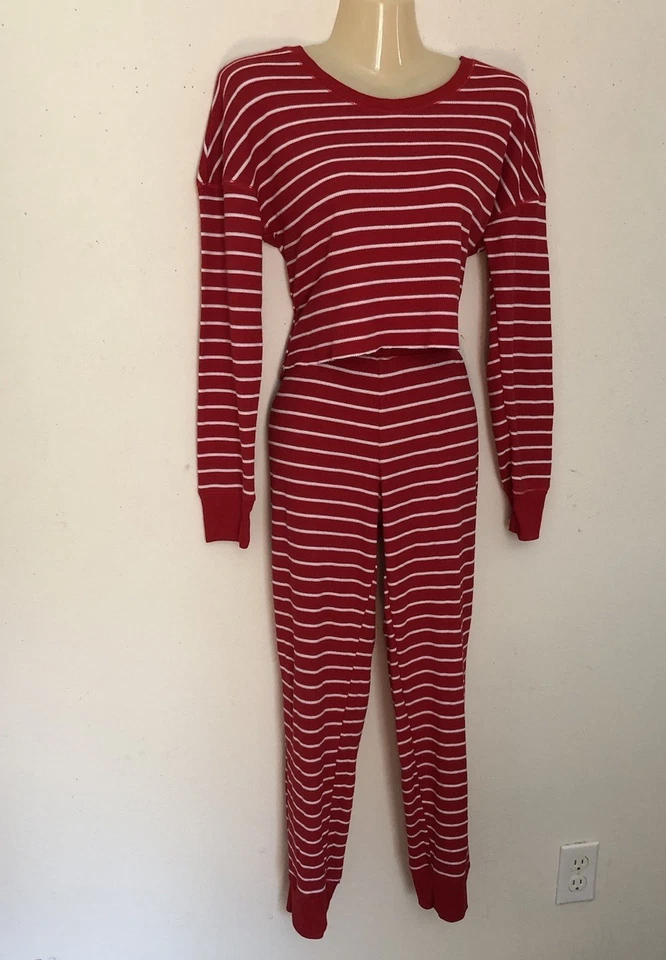 Gilligan & O’Malley Pajamas Set Crop Top Long Sleeve Pants Red & White Sz Small - Image 2 of 4