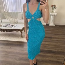 Saylor S Anthropologie Kellyn Midi Dress Blue Bodycon Smocked Ruffle Cut Out