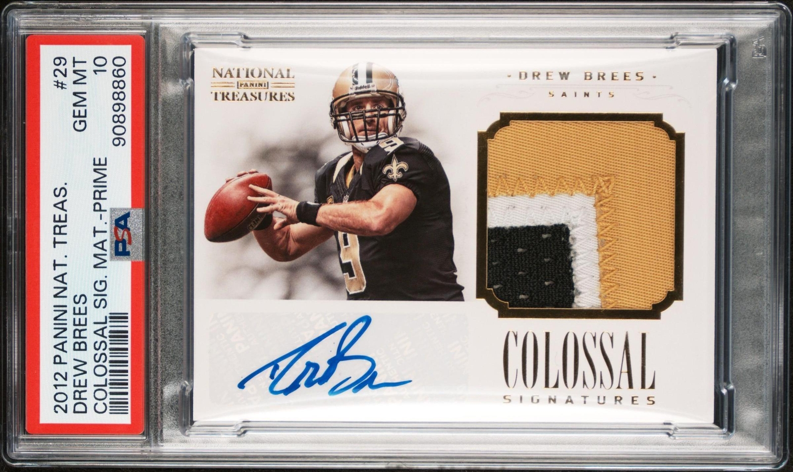 Drew Brees 2012 National Treasure GIANT 3-Color Game-Worn PATCH AUTO /5 PSA 10 view 1