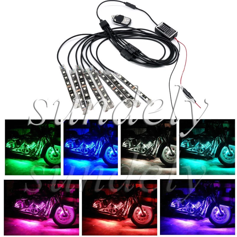 Tira de 8 piezas coche motocicleta ATV RGB LED control remoto bajo brillo Neo kit de luces multicolores Foto 2 de 4