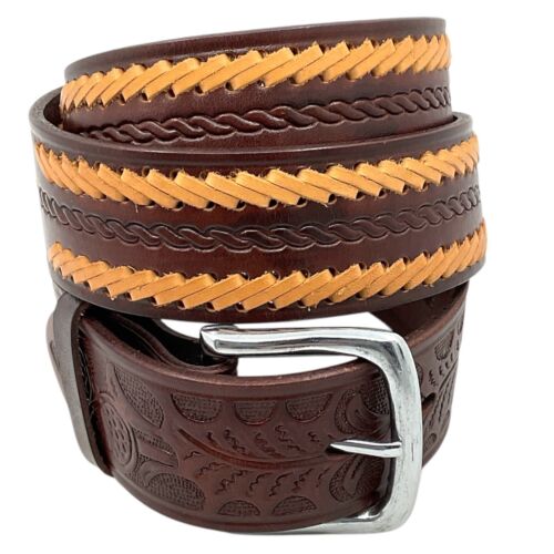 Braun Leder Herren 36 Western Gürtel hellbraun dunkelbraun Nähte Southwest Rodeo Cowboy - Bild 2 von 6