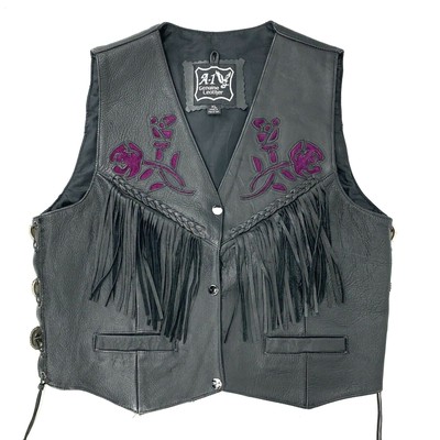 A-1 Genuine Leather Vest Womens XL Fringed Conchos Laced Biker Roses Black | eBay
