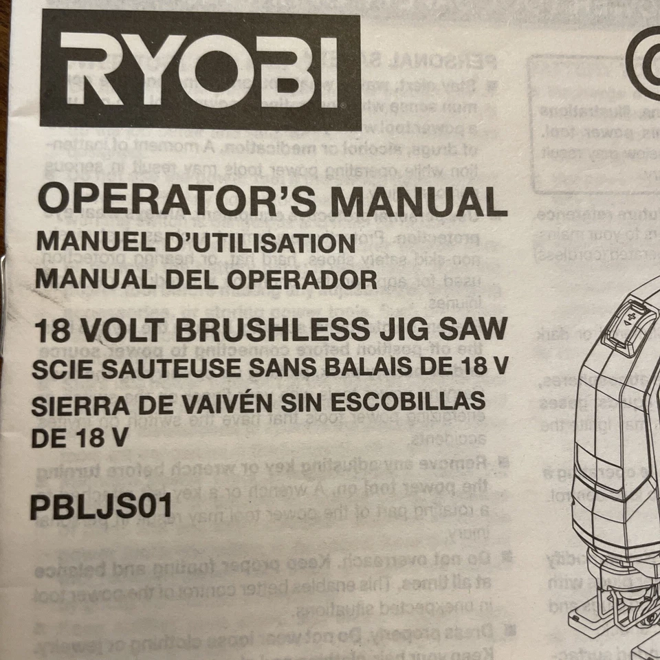 Ryobi Brushless Jig Saw Operator's User Manual PBLJS01 Instructions Only - Image 2 of 4