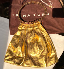 Trina Turk Gold Metallic Leather Shoulder/hand Bag W/dbl Handles & Dust Bag