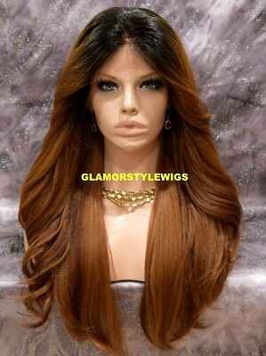 FREE PART LACE FRONT FULL WIG LONG WAVY LAYERED OMBRE BLACK AUBURN MIX HEAT OK