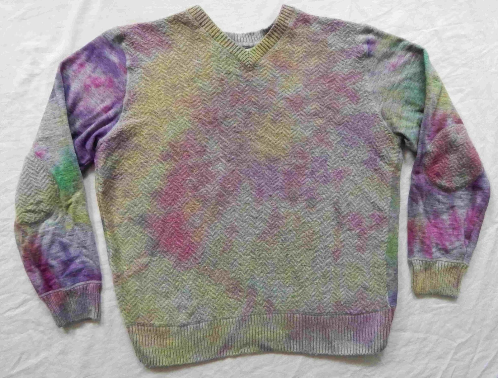 Wool Tie Dye Gray Purple Yellow V-Neck Sweater - XL Mens Hand Made Pullover