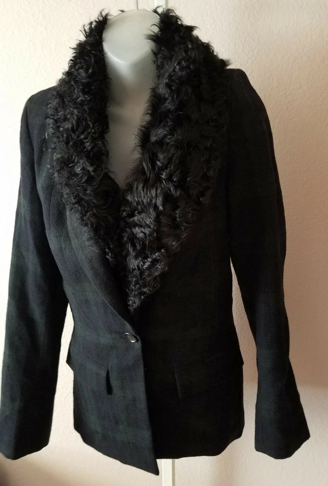 Chaqueta Blazer Talla 8 A.L.C Negra Lana Cuadros Desmontable Cuello de Piel de Cordero Foto 2 de 4