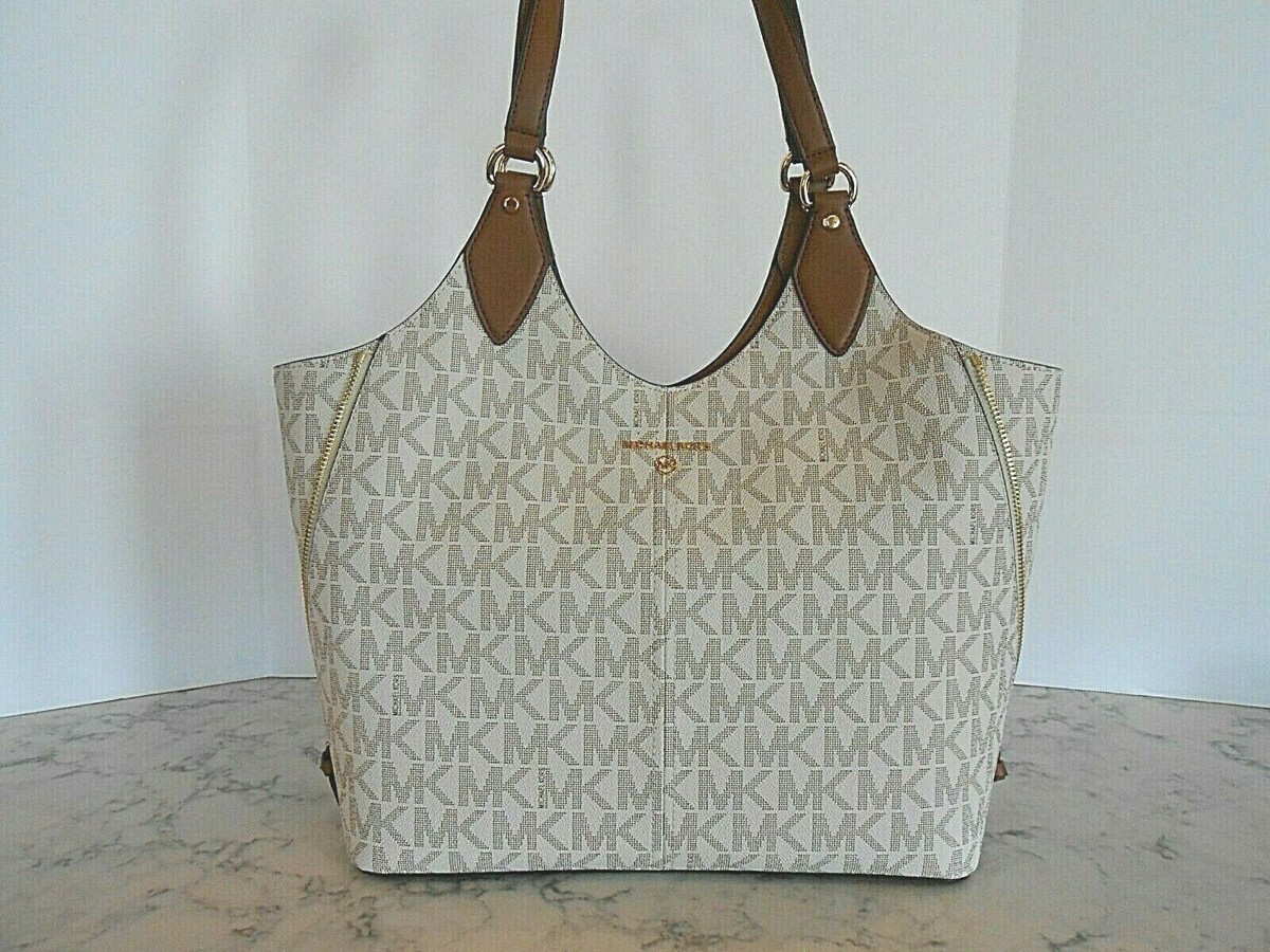 $398 MICHAEL KORS Beth MK Monogram Large Shoulder Tote VANILLA | eBay