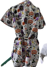 Halloween Scrub Top Women L Medical Doctor Nurse Vet Pockets Pumpkin Ghosts Tie