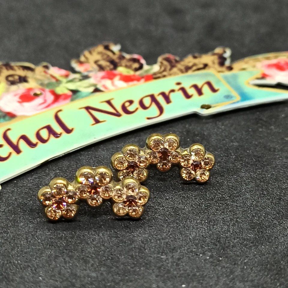 Pendientes Michal Negrin Poste con Cristales de Swarovski Marrón 3 Flores Firmados Foto 2 de 4