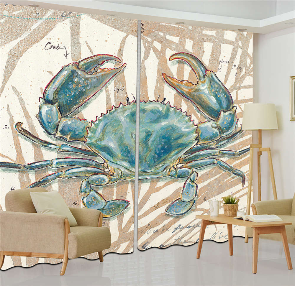 Cyan Big Pliers Crab 3D Curtain Blockout Photo Printing Curtains Drape Fabric