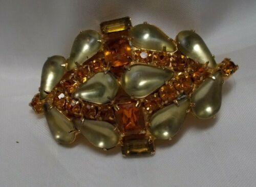 Vintage Rhinestone Broach Gold and Green Possibly… - image 1