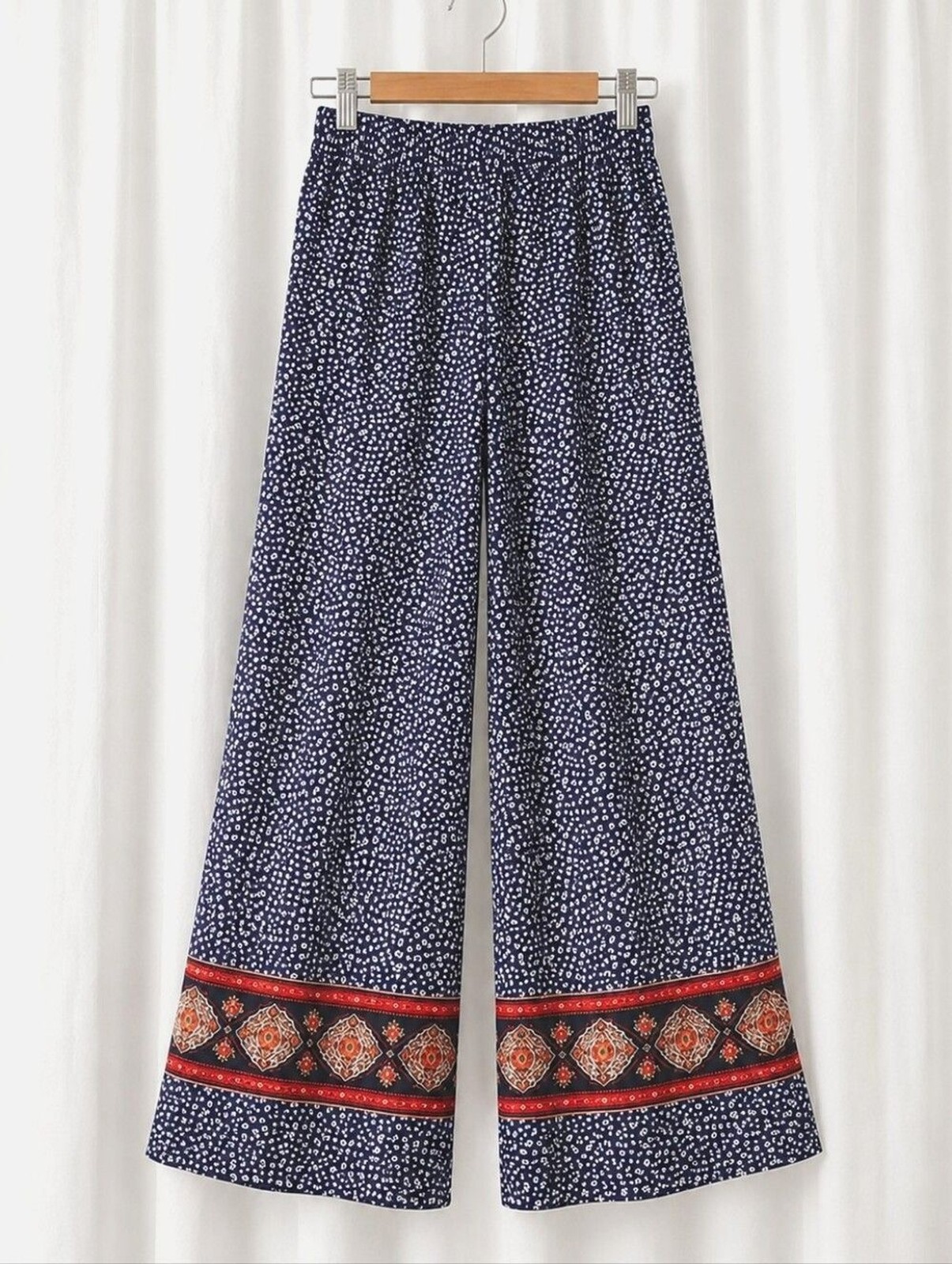 Maurices Blue White Boho Boarder Elastic Waist Flowy Lightweight Palazzo Pants