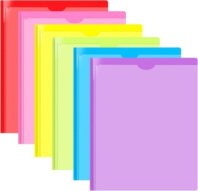 Heavy Duty Plastic Folder with Clear Front Pocket and Prongs -6 Pack, Assorted