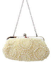 White Pearls Evening Elegant Small Purse Bag/Clutch w/Silver Frame/Chain Strap