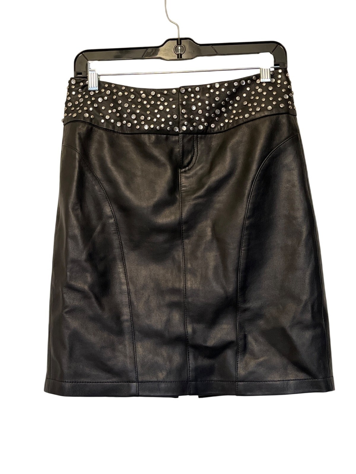 Vintage Cache Luxe Black Studded Leather Mini Skirt Size 0 Fully Lined Waist 13.