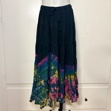Black Knit Jersey Rayon Spandex Tie Dye Maxi Peasant Skirt