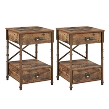 Nightstand Set of 2, Industrial Bedside End Tables with 2 Drawers and Open St...