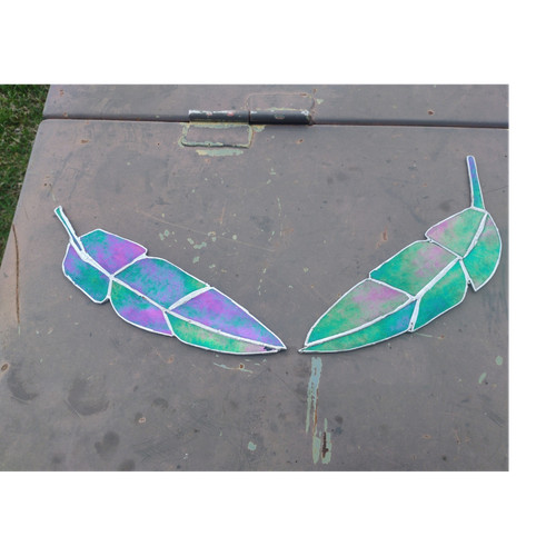 Handcrafted Stained Glass Feather Art Set Iridescent Purple Green