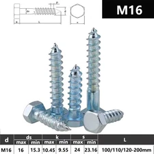 M16 / 16mm HEX HEXAGON HEAD WOOD SCREW SCREWS BOLTS ZINC PLATED ALL LENGTH