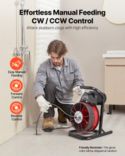 Drain Cleaner Machine 75ft x 1/2in, Manual Feed Sewer Snake, Foot Switch