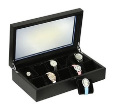 Lumina Wood 9 Watch Display Case LED Semi-Gloss Black Glass Top Faux Suede