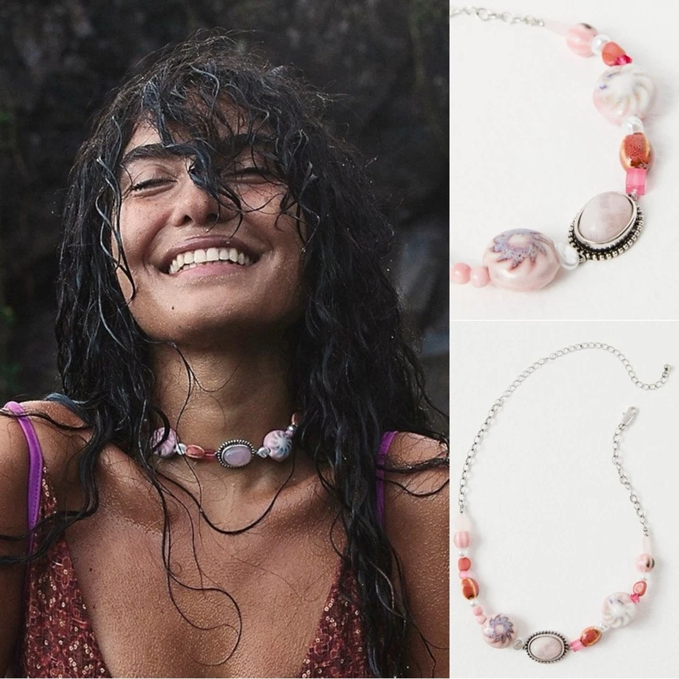 Gargantilla Free People Bohemia Gruesa Agnes Plateada Rosa Playa Boho Nueva con Etiquetas Difícil de Encontrar Capas