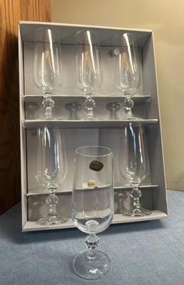 6 Bohemia Fine Lead Crystal ''Claudia'' Wine Flutes 180 ml. -Czech-Vintage - NIB