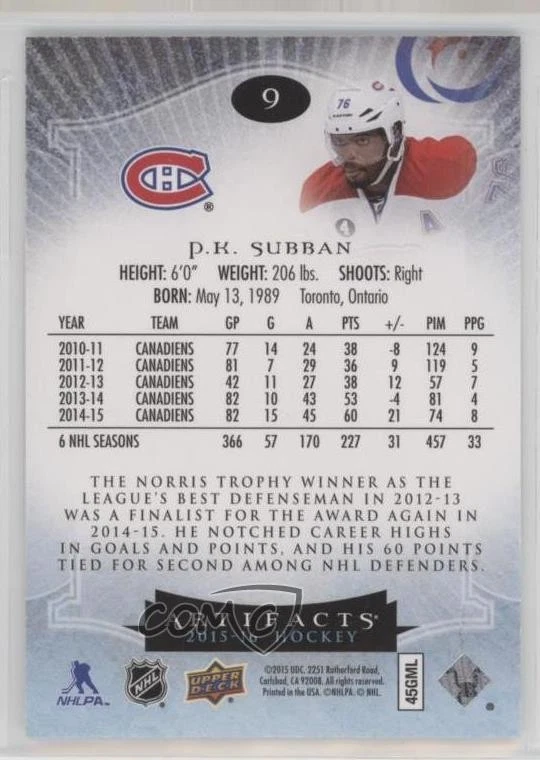 2015-16 Upper Deck Artifacts Ruby /399 PK Subban #9 - Image 2 of 2