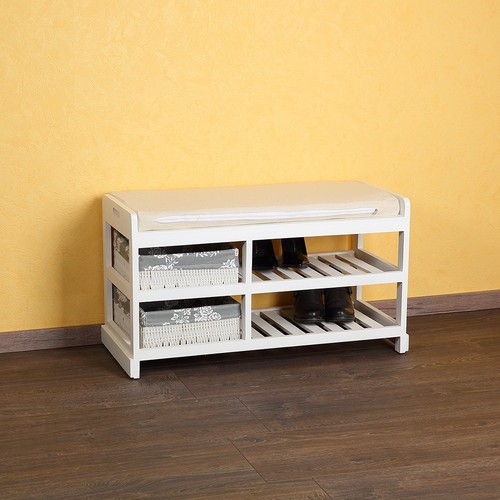 Sitzbank Schuhschrank Schuhregal Truhenbank Körben Holz Kissen Bank Weiß Grau - Afbeelding 7 van 8