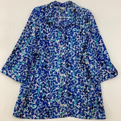 Catherines size 2X Blue White Abstract 3/4 Sleeve Button Down Office Career Work