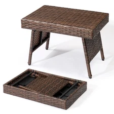 Outdoor Folding Rattan Side Table Patio Coffee Table Steel Frame For Garden