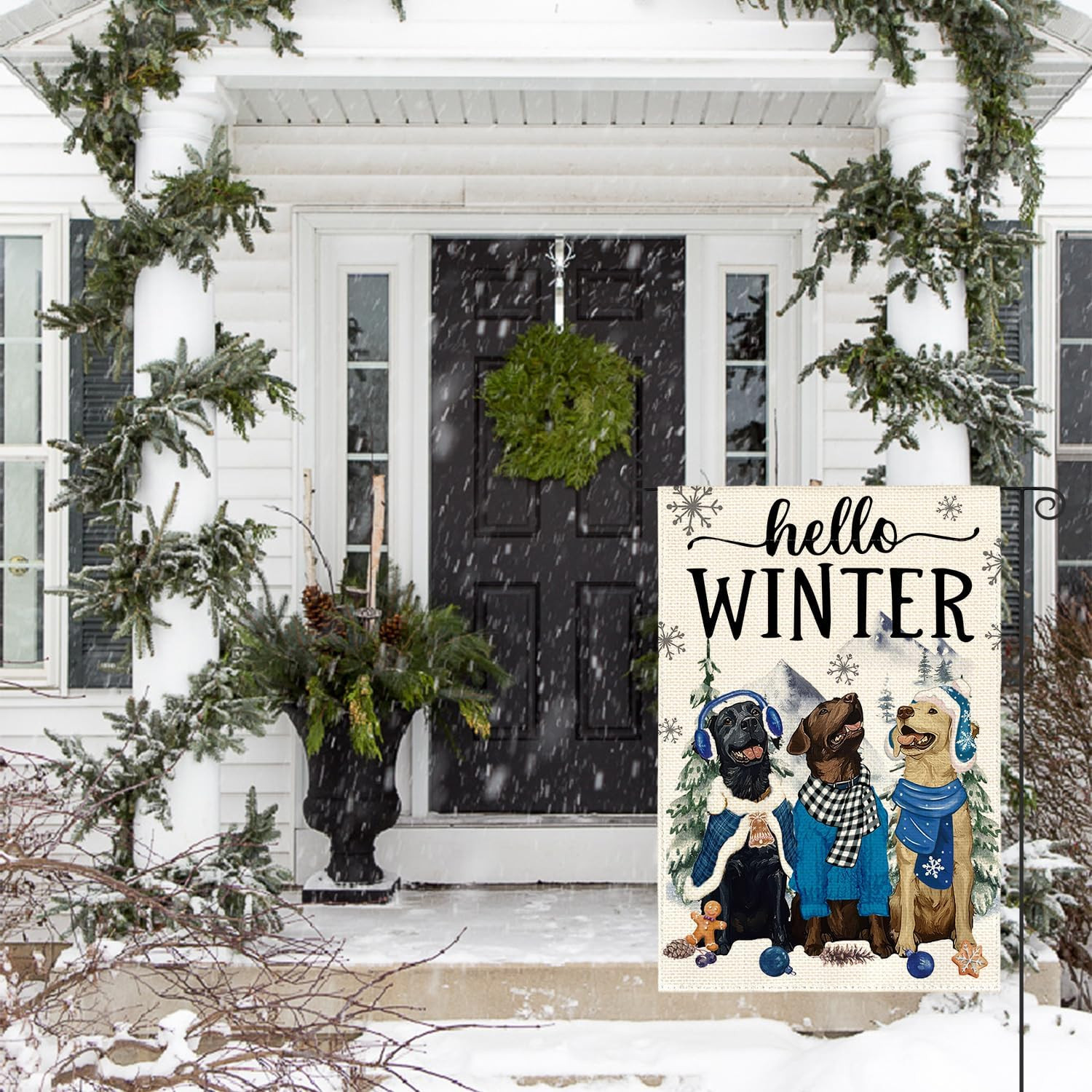 Hello Winter Dog Garden Flag 12X18 Inch Double Sided Outside, Snowflake Seasonal