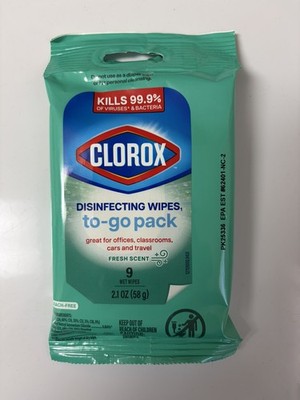 7 Pack Of Clorox Disinfecting Wipes To Go Pack, Fresh Scent , Total 63 Wipes