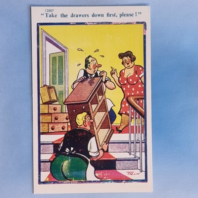 Comic Postkarte um 1955 Fat Lady Brüste nehmen Schubladen runter erste Entfernung Männer Trow