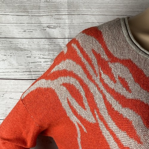 Neiman Marcas Sweater Small Orange Pale Brown Abstract Striped Asymmetric Hem - Picture 3 of 12