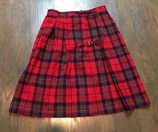 Vtg IZOD Lacoste Red TARTAN PLAID CHECK Gold Buckle KILT School Girl Skirt 24"