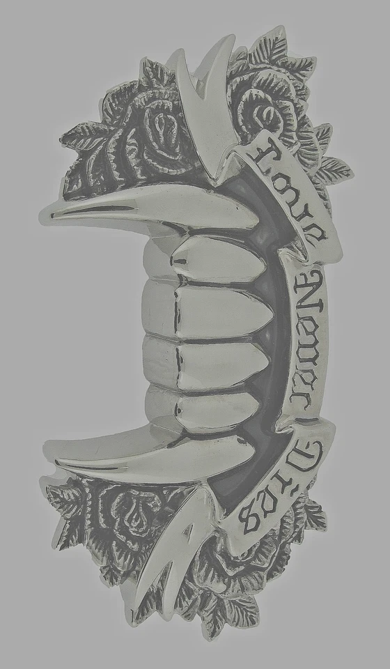 Colmillo Hebilla Cinturón LOVE NEVER DIES Cepillado Vintage Metal Rock Rebel Nuevo Hombres Mujeres Foto 3 de 4