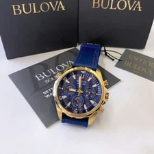 Bulova Men Marine Star 97B168 Blue Dial/Gold Accents Quartz Silicone Watch 43mm