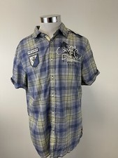 Camp David Shirt Mens Small Button Up Blue Plaid Embroidered Short Sleeve N181