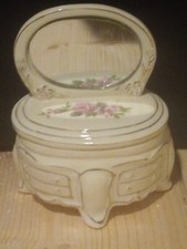 Vintage Jewelry Trinket Box Floral Roses Dresser Round Mirror Vanity READ