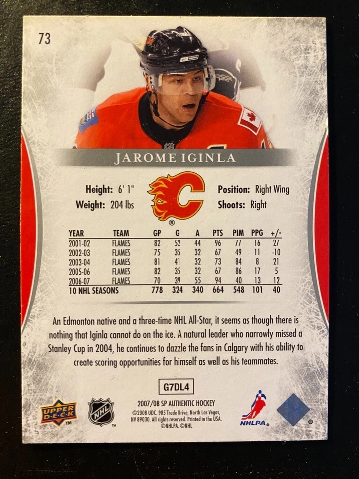 Jarome Iginla 2007-08 SP Authentic Hockey UD #73 Calgary Flames - Image 2 of 2