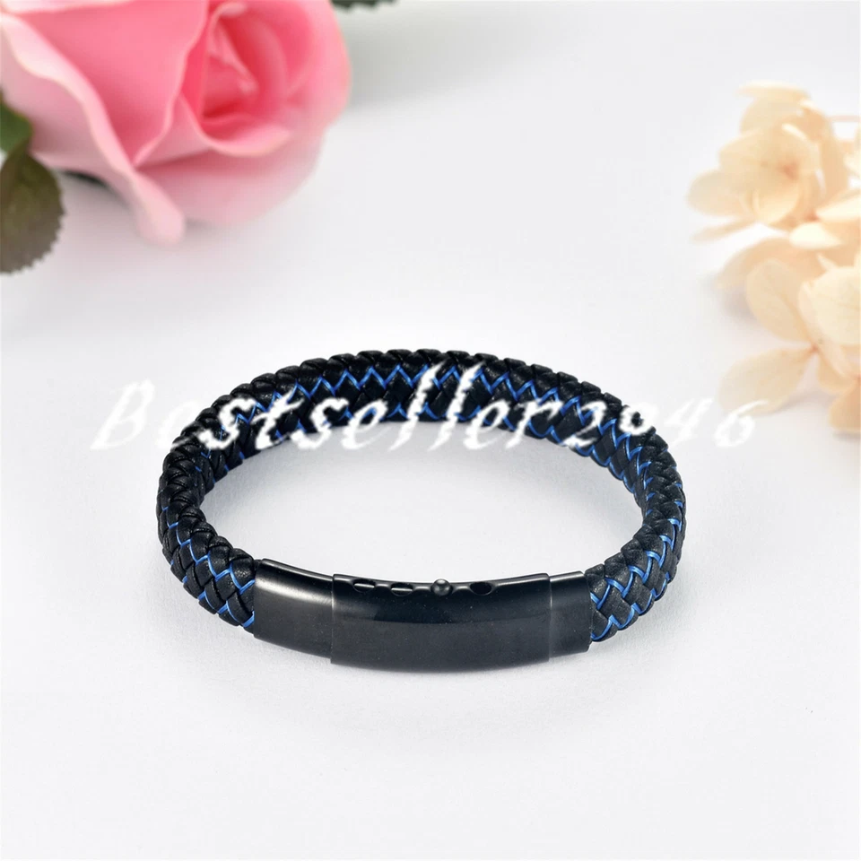 Men Black Blue 2 Tone Braided PU Leather Stainless Steel Bracelet Adjustable - Image 4 of 4